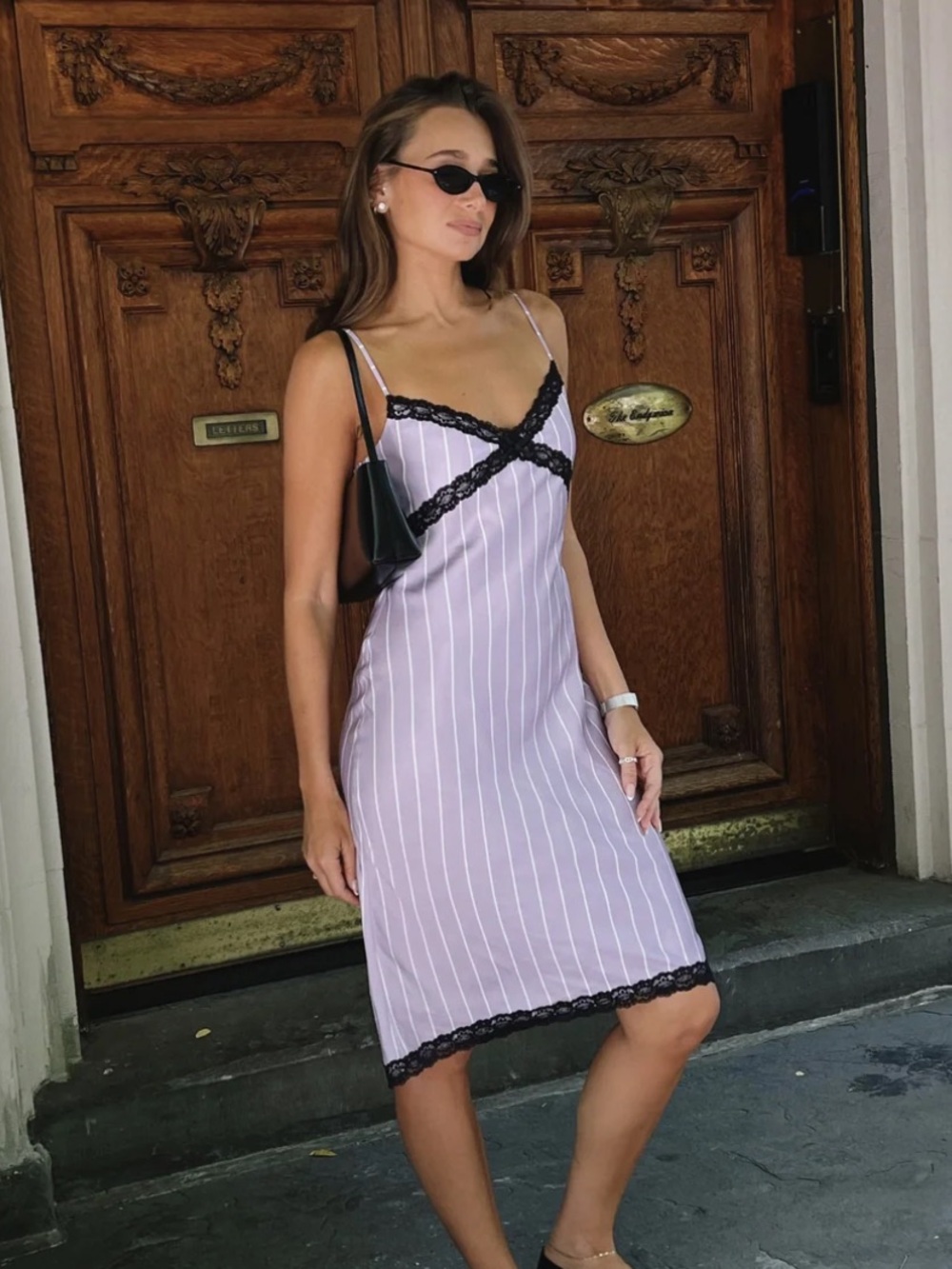 WEWOREWHAT Lavender Stripe Lace-Trim Slip Dress